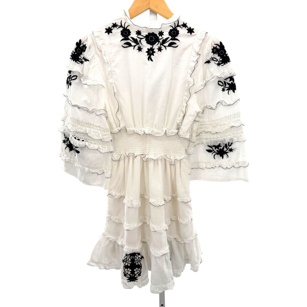 Anthropologie Embroidered V-Neck Ruffled Mini Dress White Black Floral XXS - Picture 10 of 10